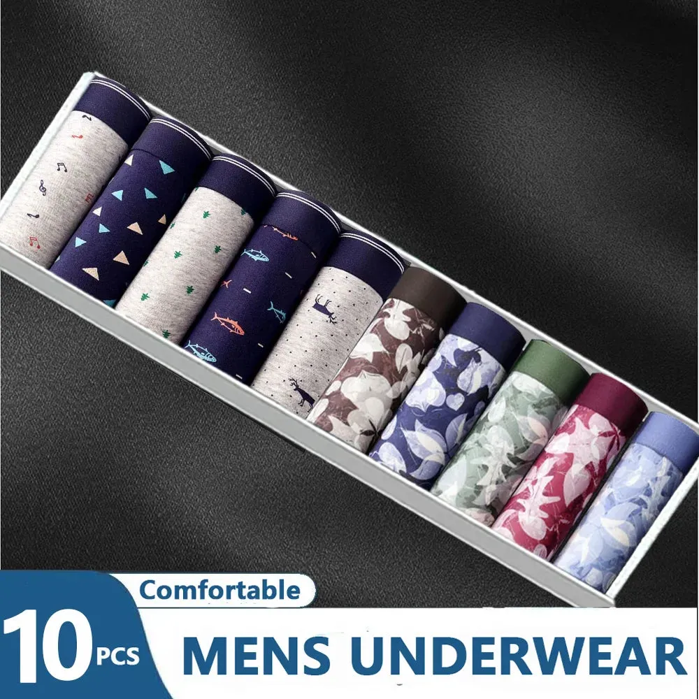 10PCS Men Underwear Sexy Underwear Comfortable Breathable Men Boxer Male Panties  Print Boxershorts Plus Size Underwear L-4XL
