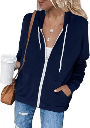 2023 Women's Casual Long Sleeve Sweatshirts Zip Up Zipper Hoodies Fashion Hooded Jackets with Pockets