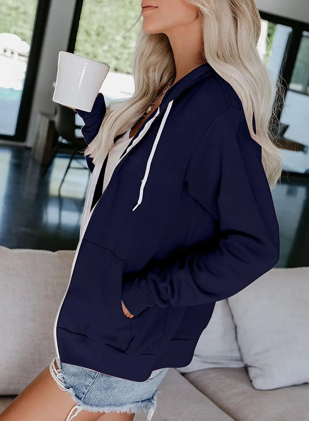 2023 Women's Casual Long Sleeve Sweatshirts Zip Up Zipper Hoodies Fashion Hooded Jackets with Pockets
