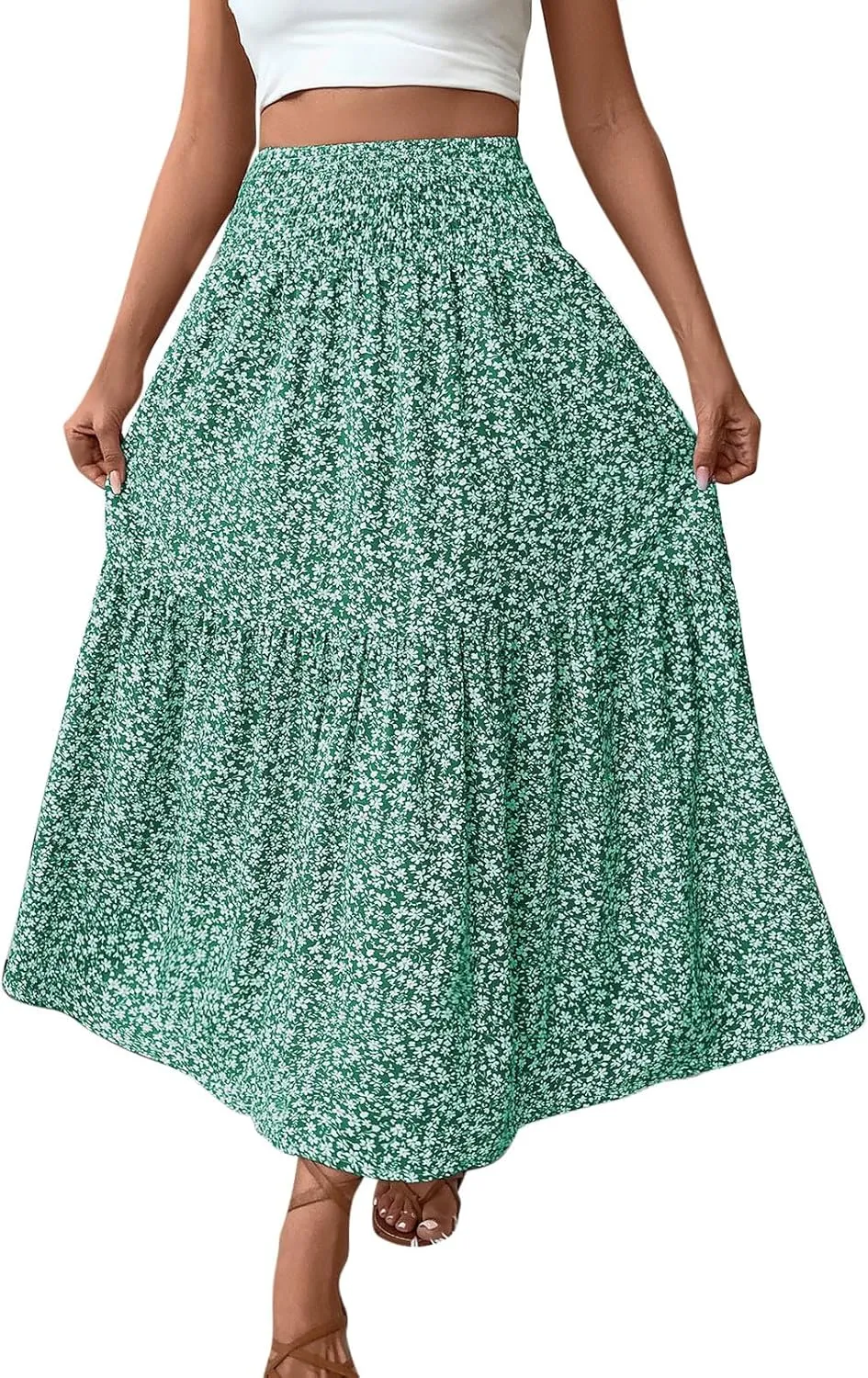 A-Line Layered Flowy Skirt for Women Summer Boho Floral Maxi Skirts Casual Trendy Swing Pleated Beach Long Skirts