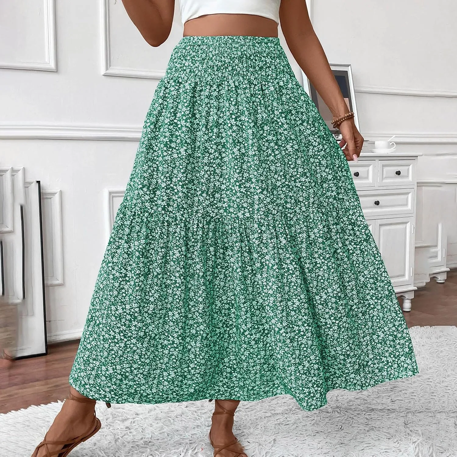 A-Line Layered Flowy Skirt for Women Summer Boho Floral Maxi Skirts Casual Trendy Swing Pleated Beach Long Skirts