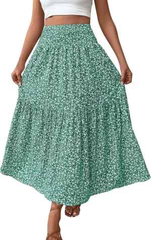 A-Line Layered Flowy Skirt for Women Summer Boho Floral Maxi Skirts Casual Trendy Swing Pleated Beach Long Skirts