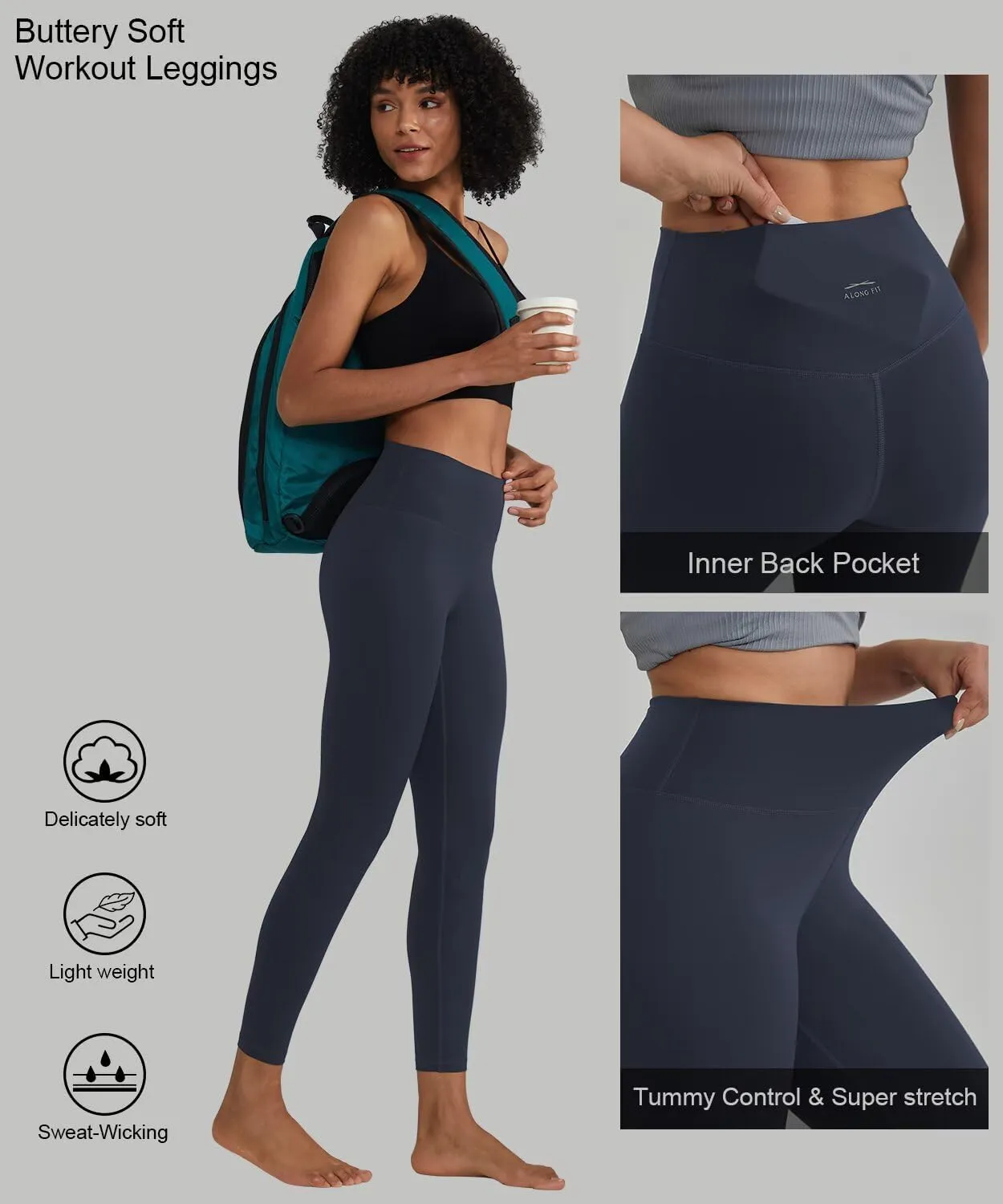 ALONG FIT High Waisted Leggings with Pockets, Tummy Control Workout Leggings for Women 25 Soft Yoga Pants Gym Sport Lounge