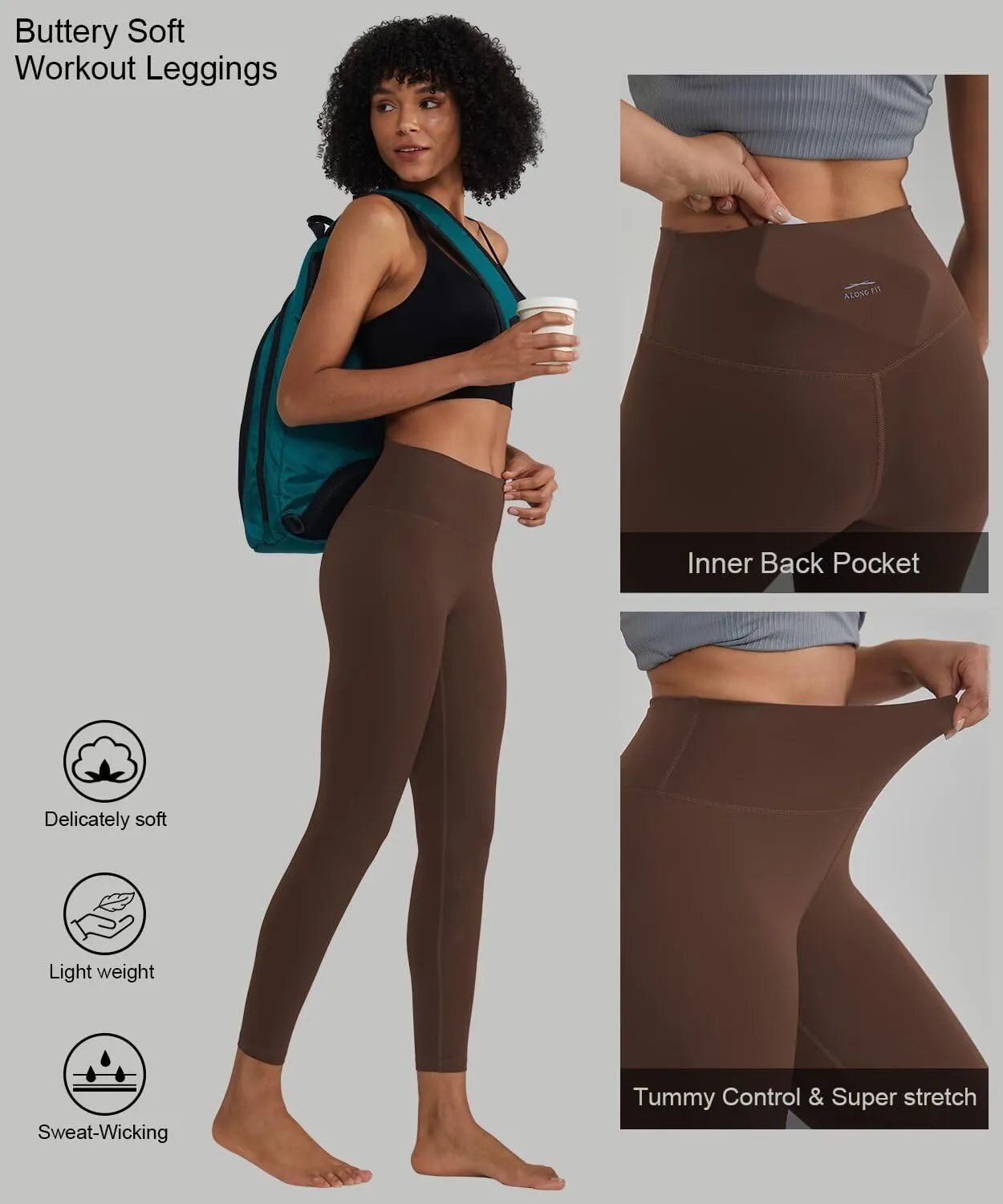 ALONG FIT High Waisted Leggings with Pockets, Tummy Control Workout Leggings for Women 25 Soft Yoga Pants Gym Sport Lounge