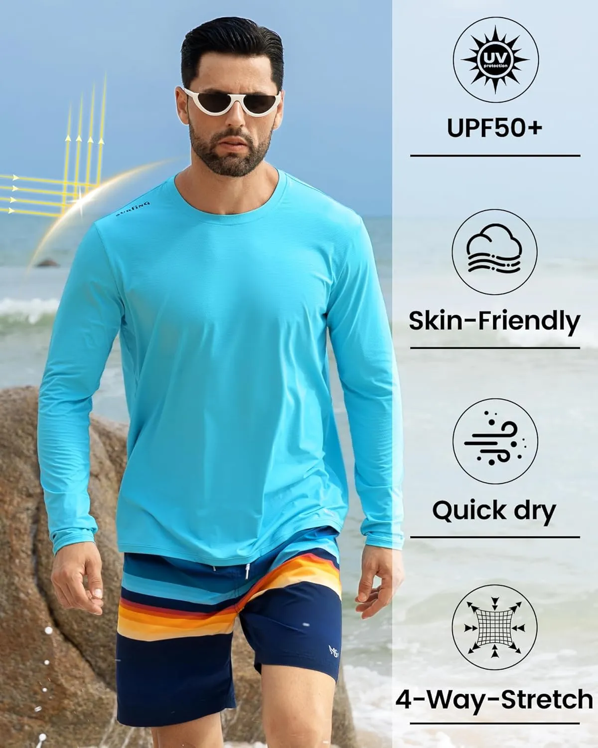 Angel season Men's Rash Guard Shirts UPF 50  Long Sleeve Swim Shirts Quick Dry UV Sun Protection Lightweight