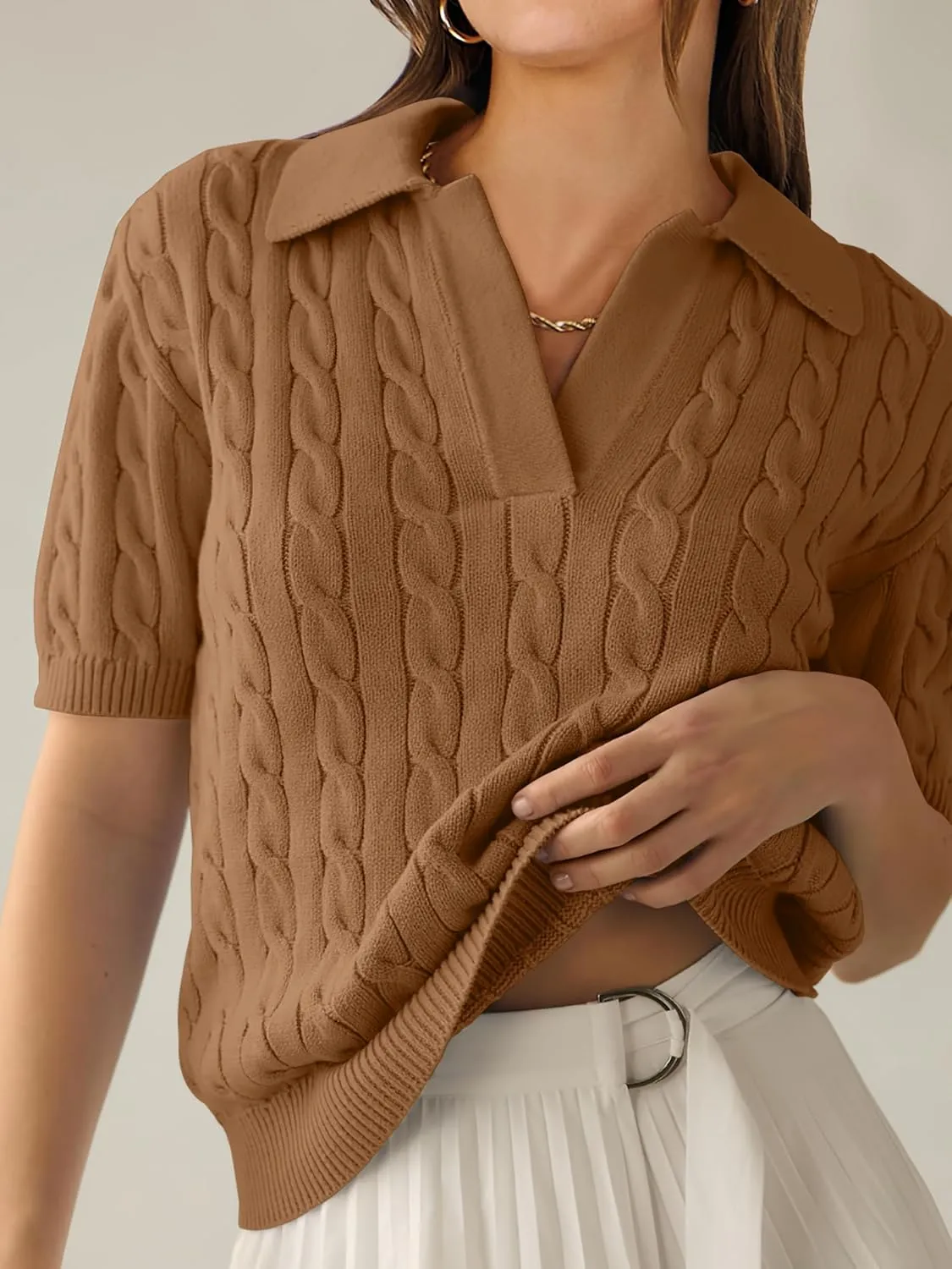 ANRABESS Women's Short Sleeve Sweaters Tops Polo V Neck Cable Knit Casual Soft Pullover Shirts 2025 Summer Outfits