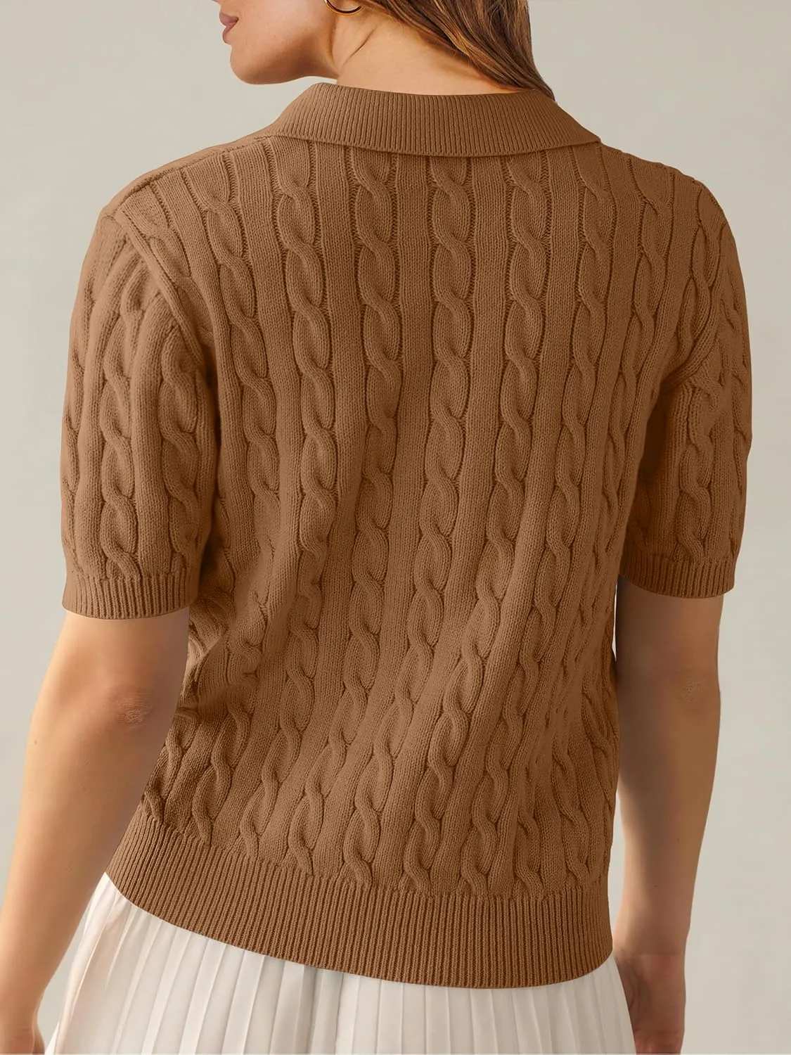 ANRABESS Women's Short Sleeve Sweaters Tops Polo V Neck Cable Knit Casual Soft Pullover Shirts 2025 Summer Outfits