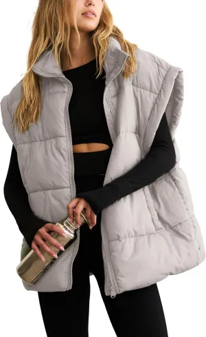 APAFES Women Winter Oversized Puffer Vest Lightweight Stand Collar Flysleeve Insulated Padded Puffy Jackets Coat with Pockets