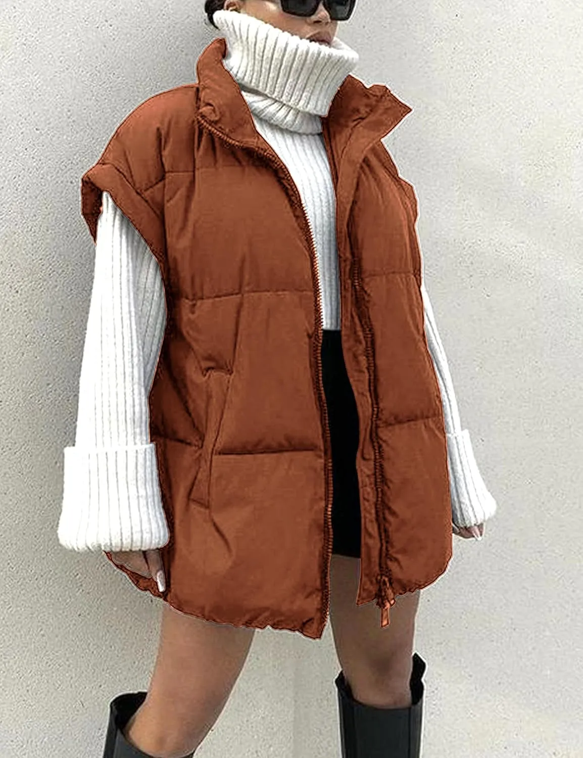 APAFES Women Winter Oversized Puffer Vest Lightweight Stand Collar Flysleeve Insulated Padded Puffy Jackets Coat with Pockets