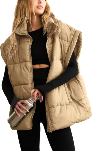 APAFES Women Winter Oversized Puffer Vest Lightweight Stand Collar Flysleeve Insulated Padded Puffy Jackets Coat with Pockets