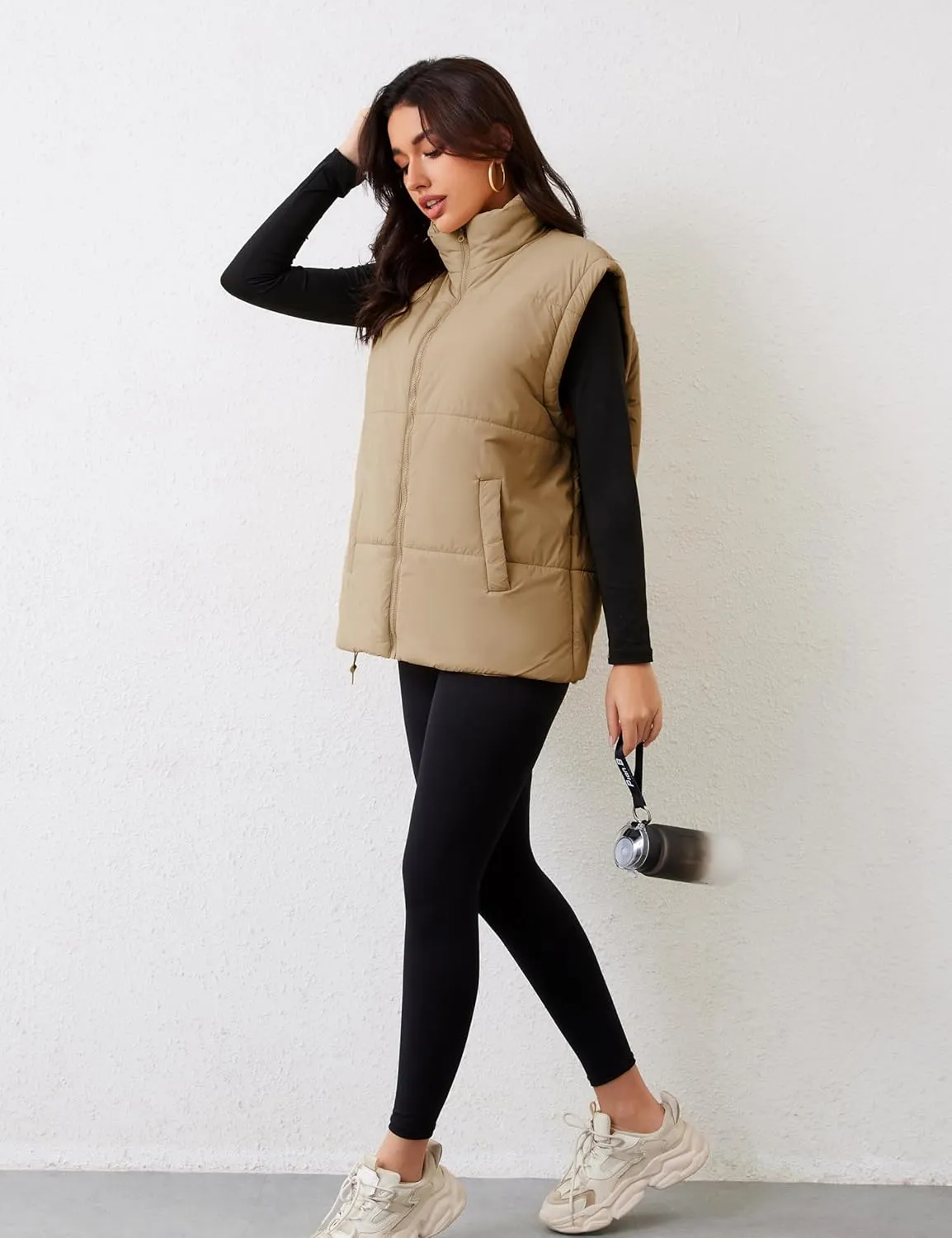 APAFES Women Winter Oversized Puffer Vest Lightweight Stand Collar Flysleeve Insulated Padded Puffy Jackets Coat with Pockets