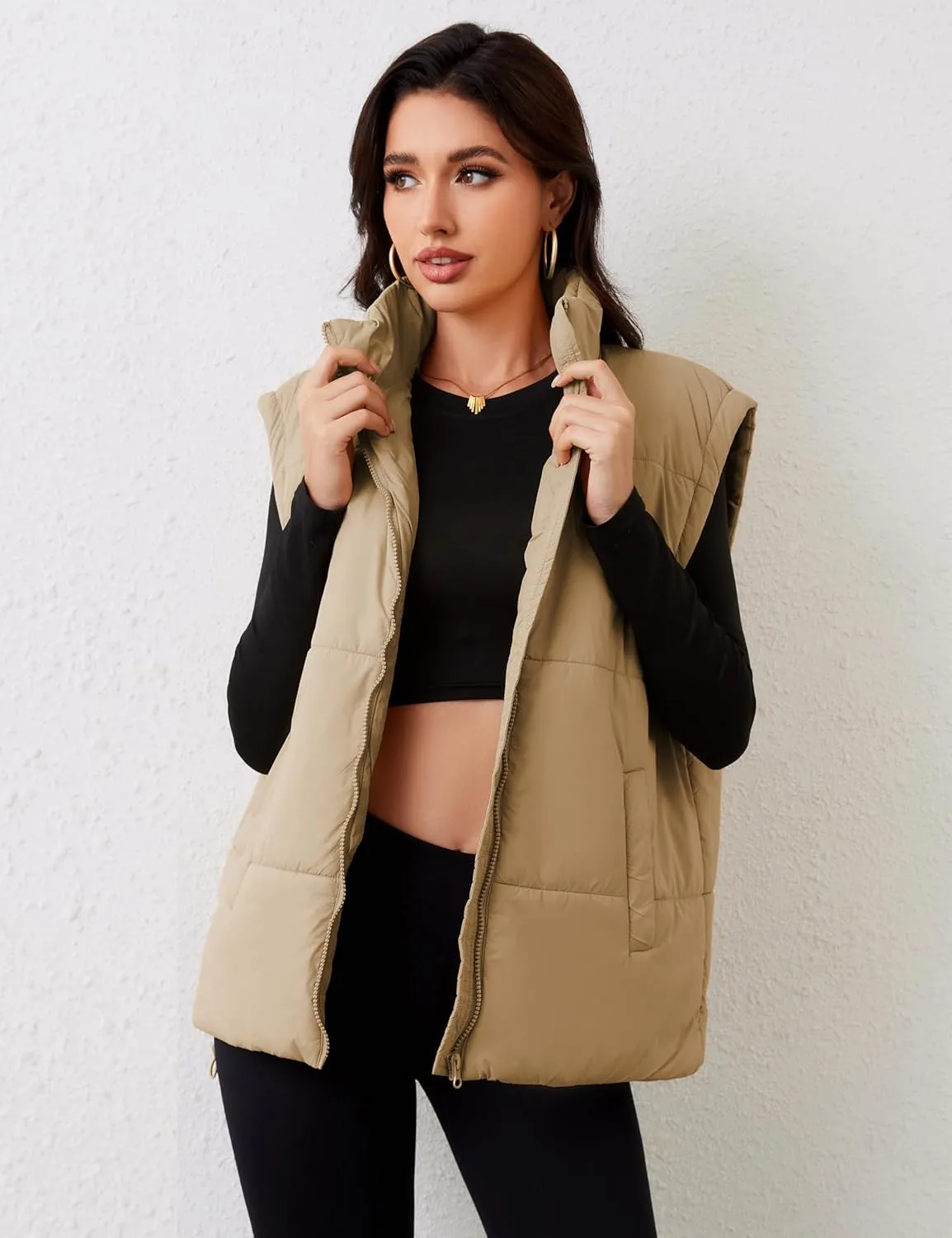 APAFES Women Winter Oversized Puffer Vest Lightweight Stand Collar Flysleeve Insulated Padded Puffy Jackets Coat with Pockets