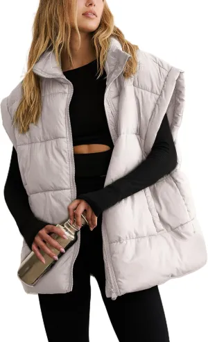 APAFES Women Winter Oversized Puffer Vest Lightweight Stand Collar Flysleeve Insulated Padded Puffy Jackets Coat with Pockets