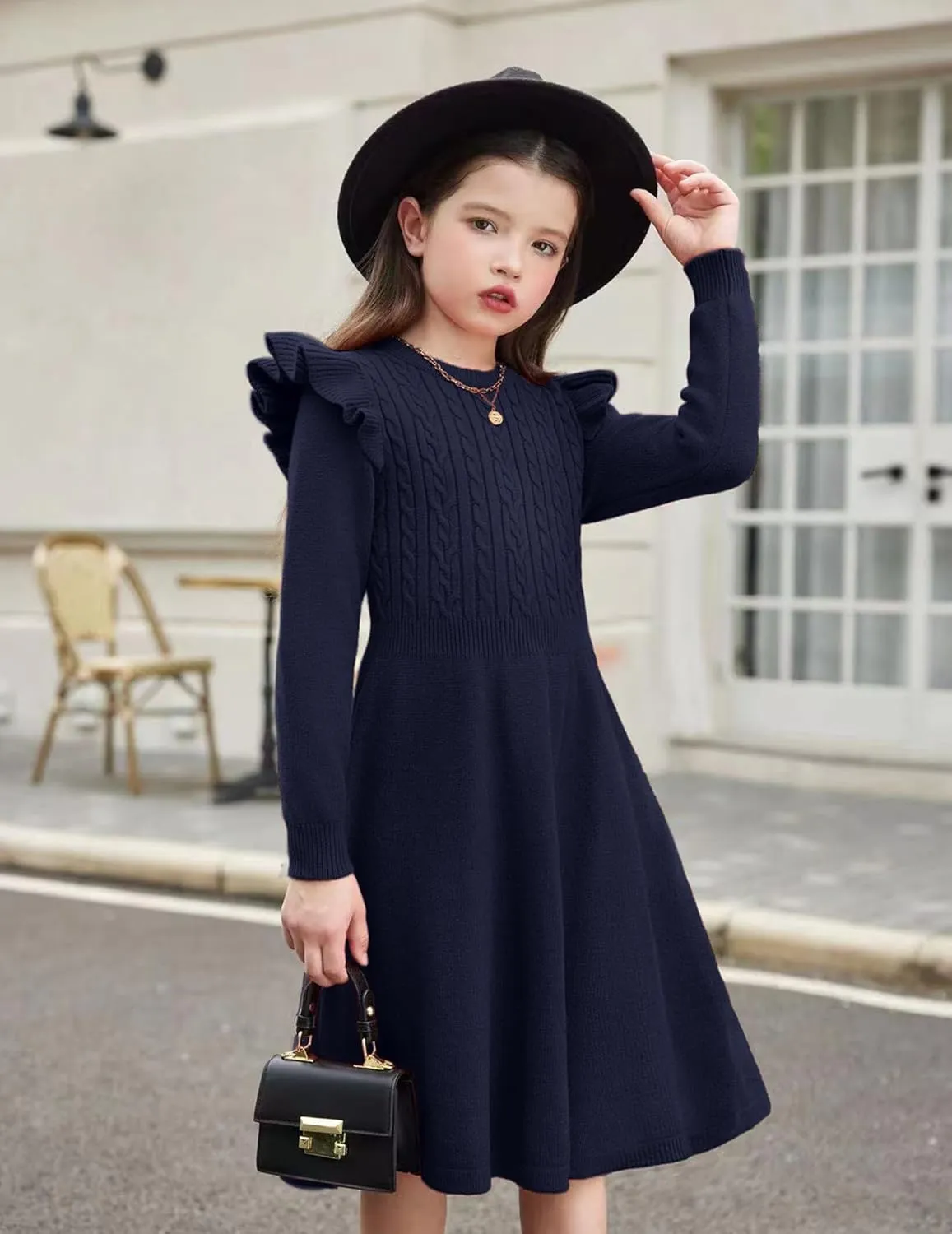 Arshiner Girls Sweater Dress Fall Winter Lantern Long Sleeve Cable Knit Pullover Midi Dresses