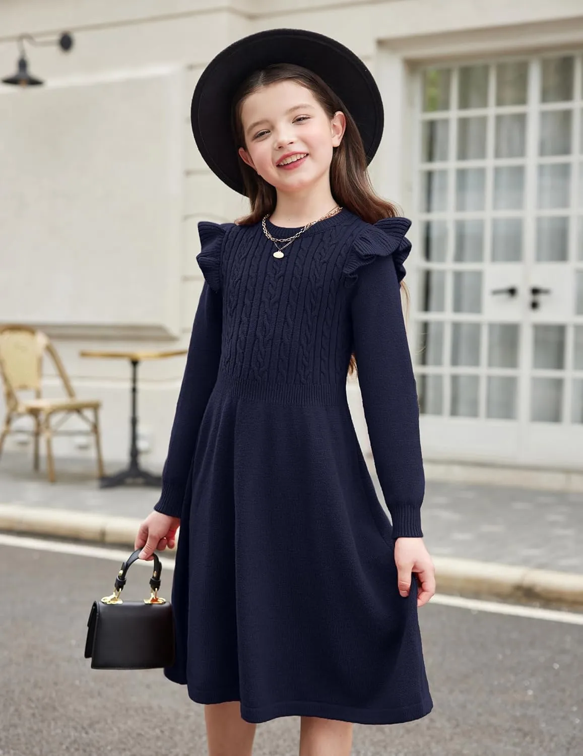 Arshiner Girls Sweater Dress Fall Winter Lantern Long Sleeve Cable Knit Pullover Midi Dresses