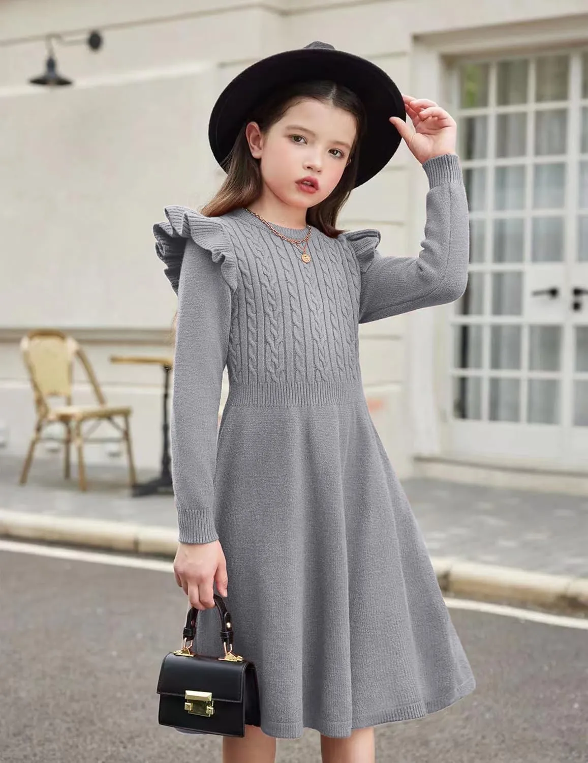 Arshiner Girls Sweater Dress Fall Winter Lantern Long Sleeve Cable Knit Pullover Midi Dresses