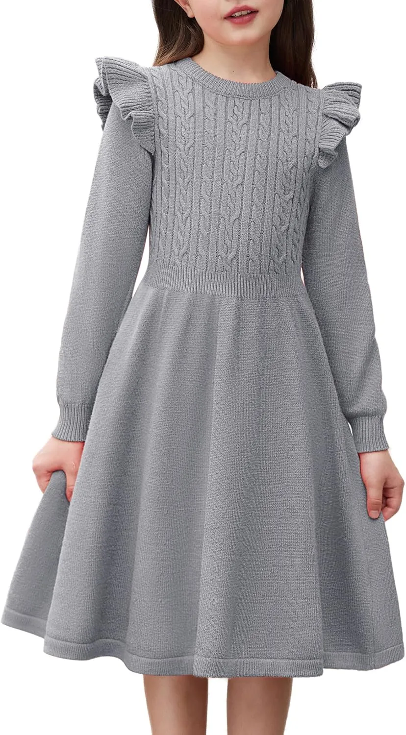 Arshiner Girls Sweater Dress Fall Winter Lantern Long Sleeve Cable Knit Pullover Midi Dresses