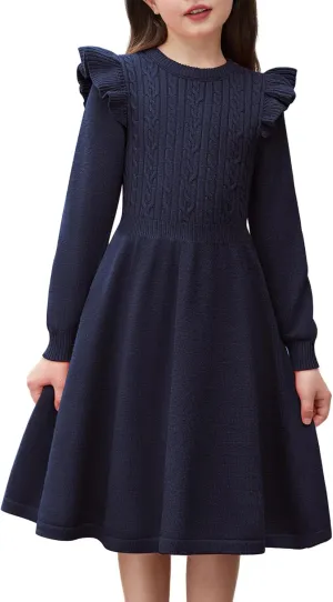 Arshiner Girls Sweater Dress Fall Winter Lantern Long Sleeve Cable Knit Pullover Midi Dresses