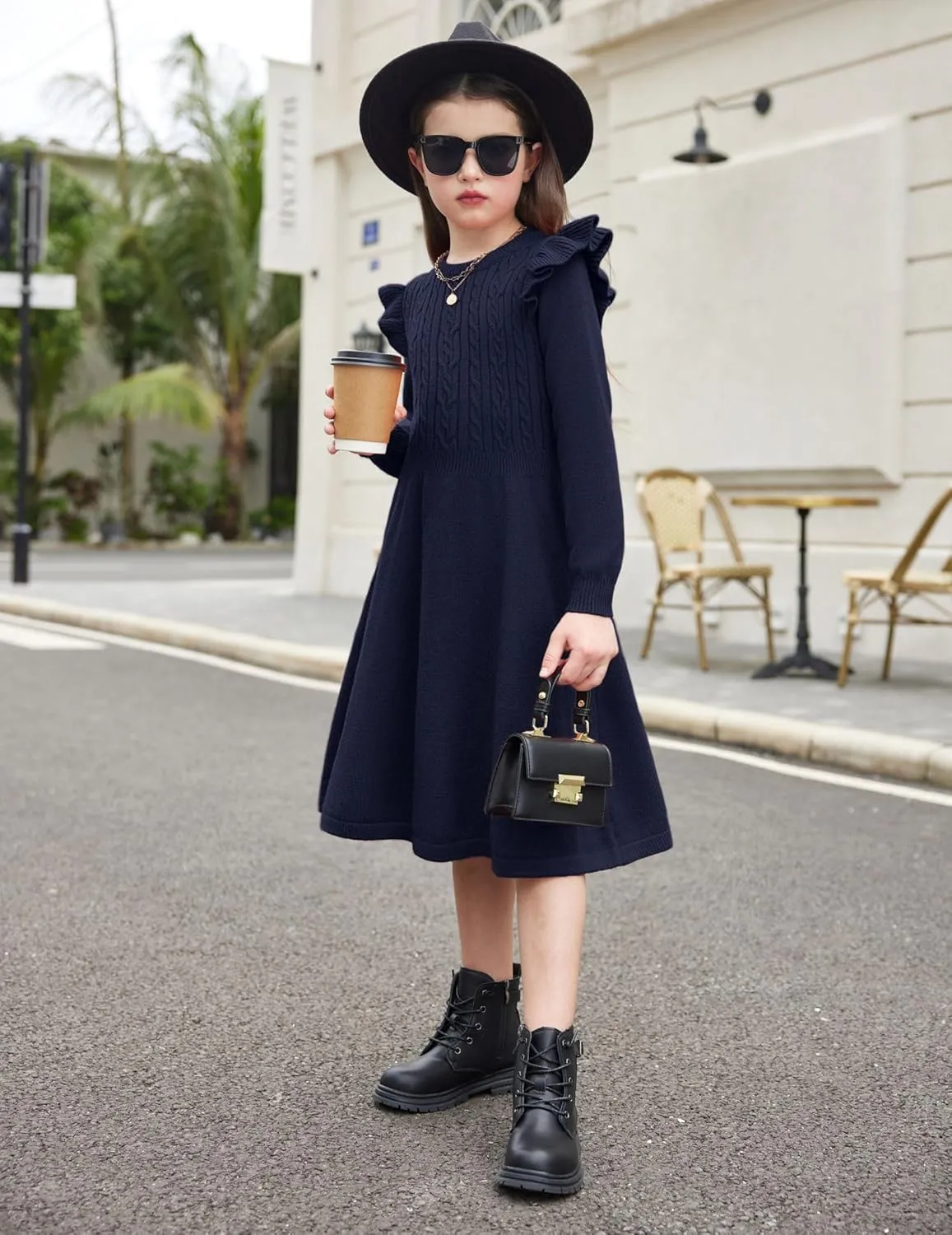 Arshiner Girls Sweater Dress Fall Winter Lantern Long Sleeve Cable Knit Pullover Midi Dresses