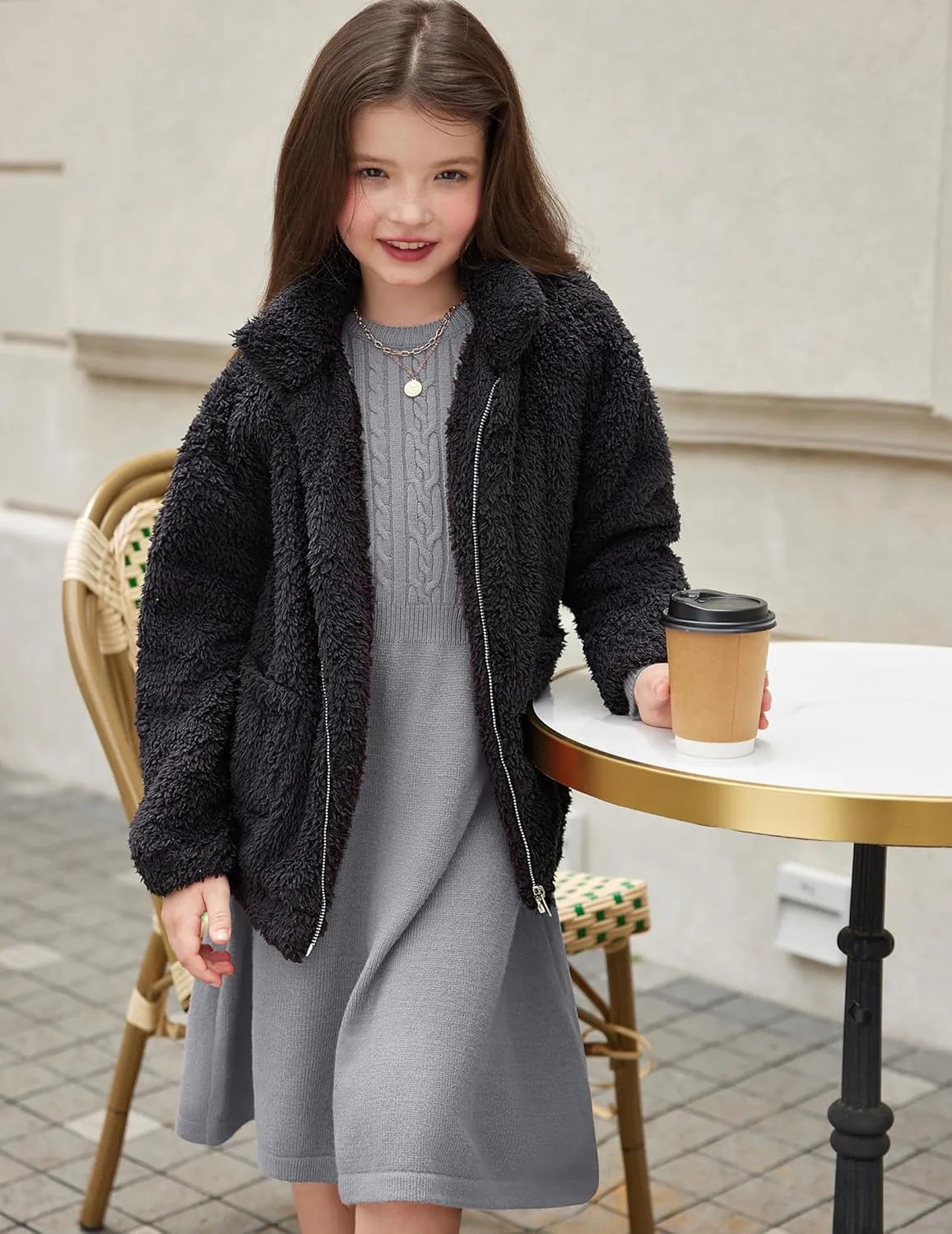 Arshiner Girls Sweater Dress Fall Winter Lantern Long Sleeve Cable Knit Pullover Midi Dresses