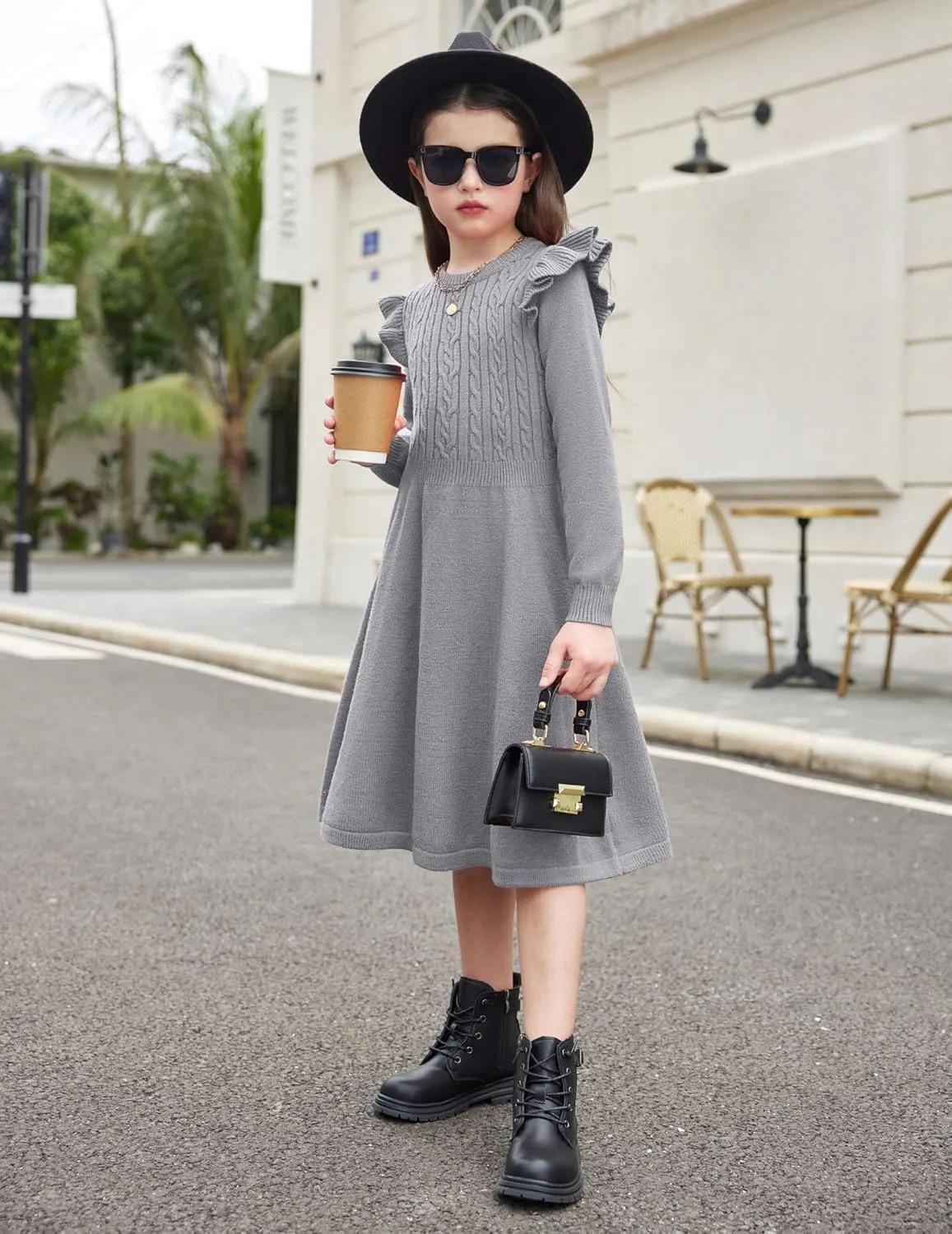 Arshiner Girls Sweater Dress Fall Winter Lantern Long Sleeve Cable Knit Pullover Midi Dresses