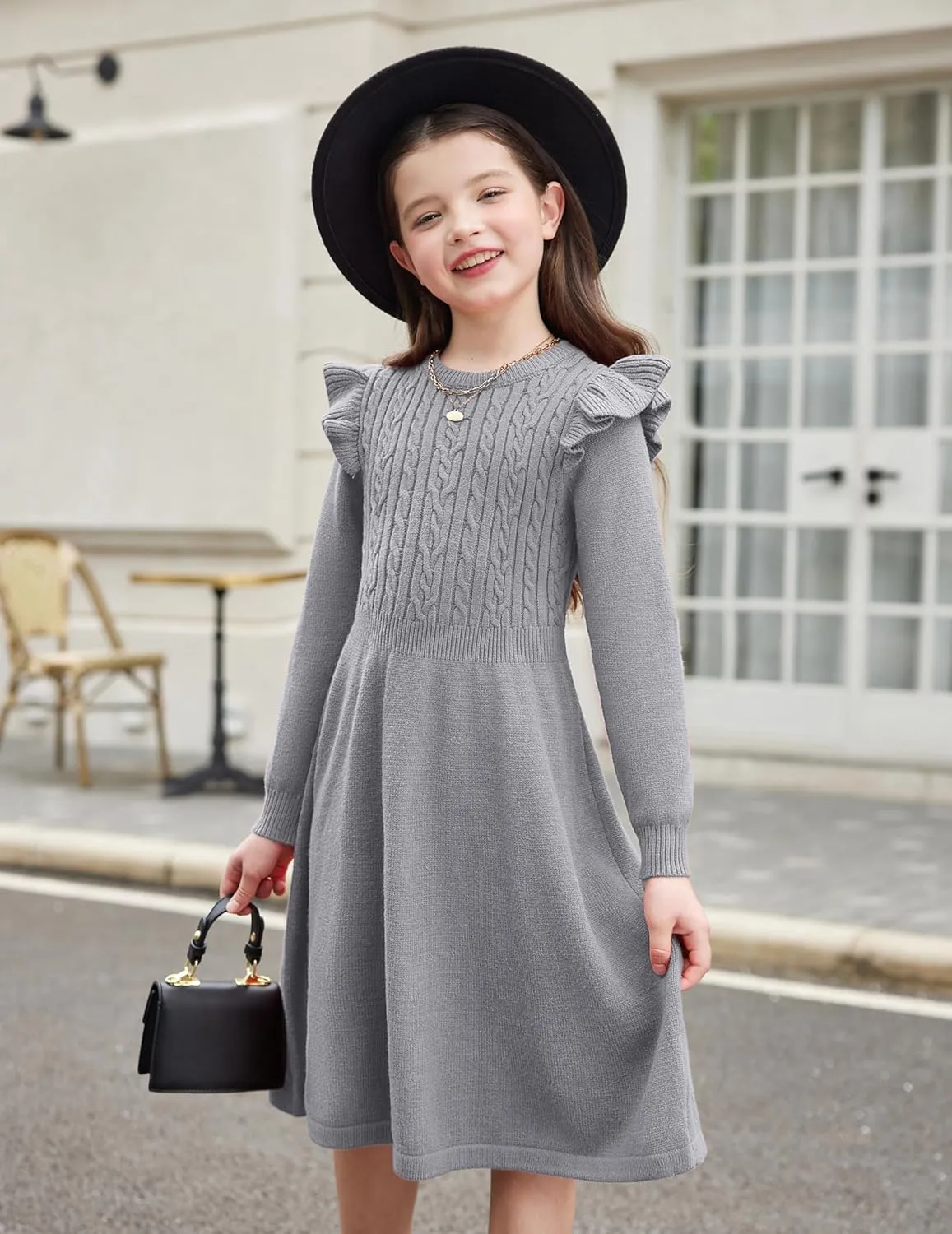Arshiner Girls Sweater Dress Fall Winter Lantern Long Sleeve Cable Knit Pullover Midi Dresses