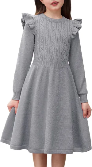 Arshiner Girls Sweater Dress Fall Winter Lantern Long Sleeve Cable Knit Pullover Midi Dresses