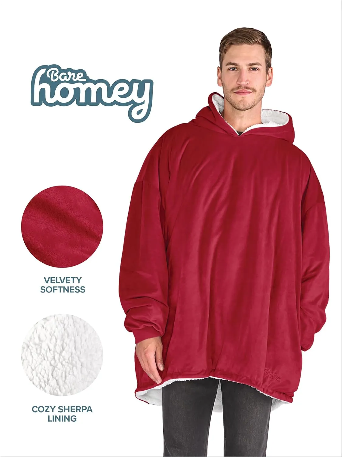 Bare Home Wearable Blanket B-Cozy Hoodie - Soft Plush Sherpa - Warm and Cozy - Oversized Wearable Blanket - Adult & Kid Sizes