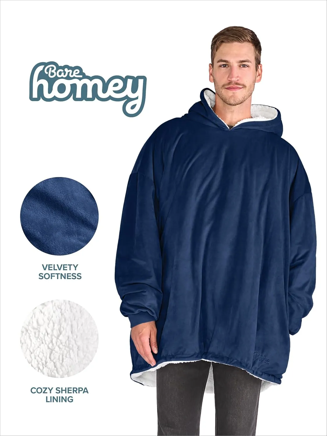 Bare Home Wearable Blanket B-Cozy Hoodie - Soft Plush Sherpa - Warm and Cozy - Oversized Wearable Blanket - Adult & Kid Sizes