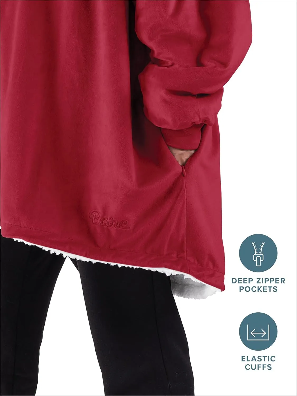 Bare Home Wearable Blanket B-Cozy Hoodie - Soft Plush Sherpa - Warm and Cozy - Oversized Wearable Blanket - Adult & Kid Sizes