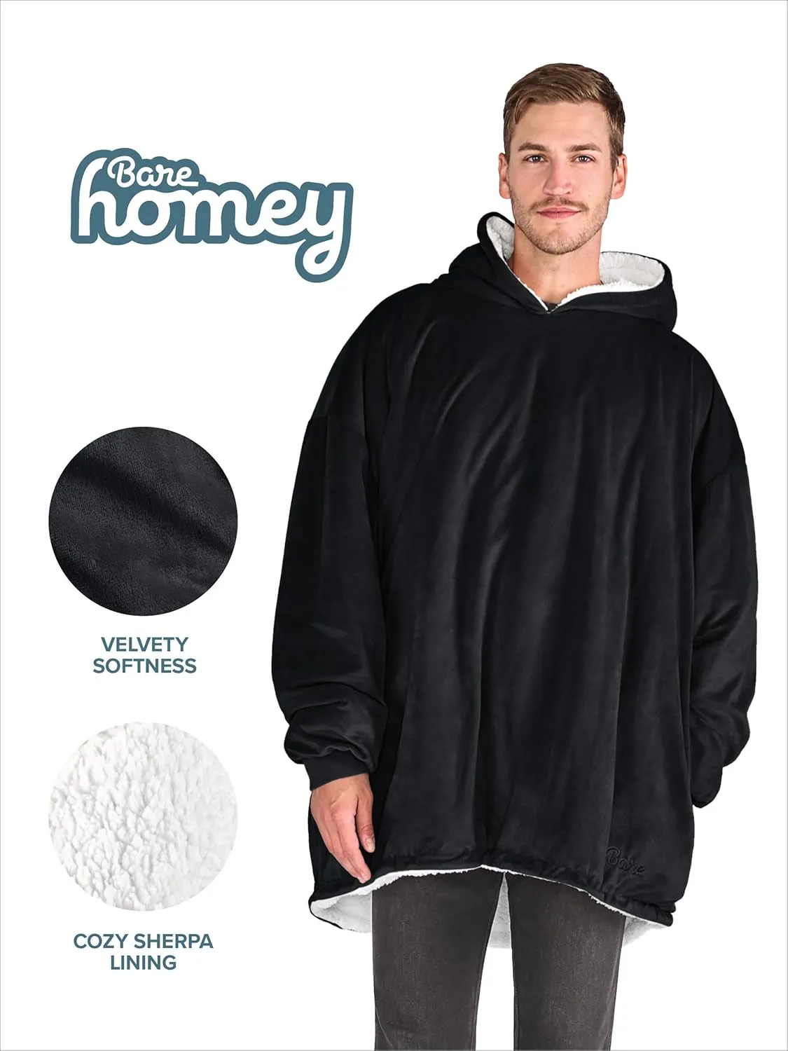 Bare Home Wearable Blanket B-Cozy Hoodie - Soft Plush Sherpa - Warm and Cozy - Oversized Wearable Blanket - Adult & Kid Sizes