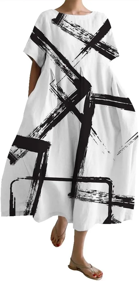 Bengbobar Women's Boho Flroal Maxi Dress Casual Short Sleeve Cotton Dress Flowy Crew Neck Chic Dress Beach Summer Sundress