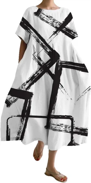 Bengbobar Women's Boho Flroal Maxi Dress Casual Short Sleeve Cotton Dress Flowy Crew Neck Chic Dress Beach Summer Sundress