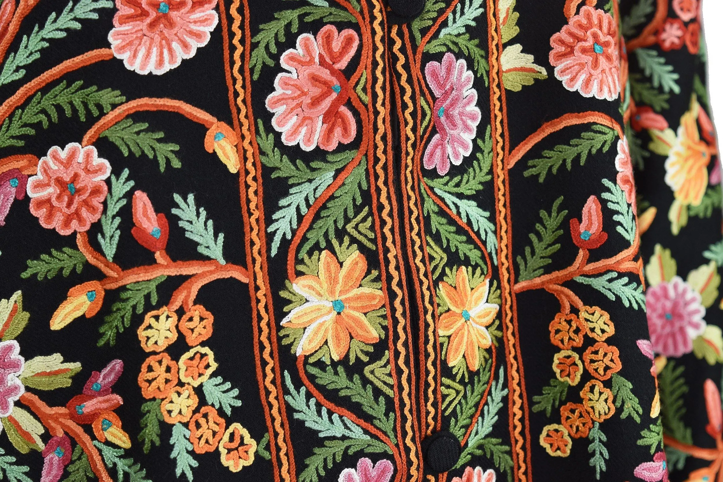 Black Floral Cashmere Jacket Dinner Black Evening Dress Coat Hand Embroidered Kashmir