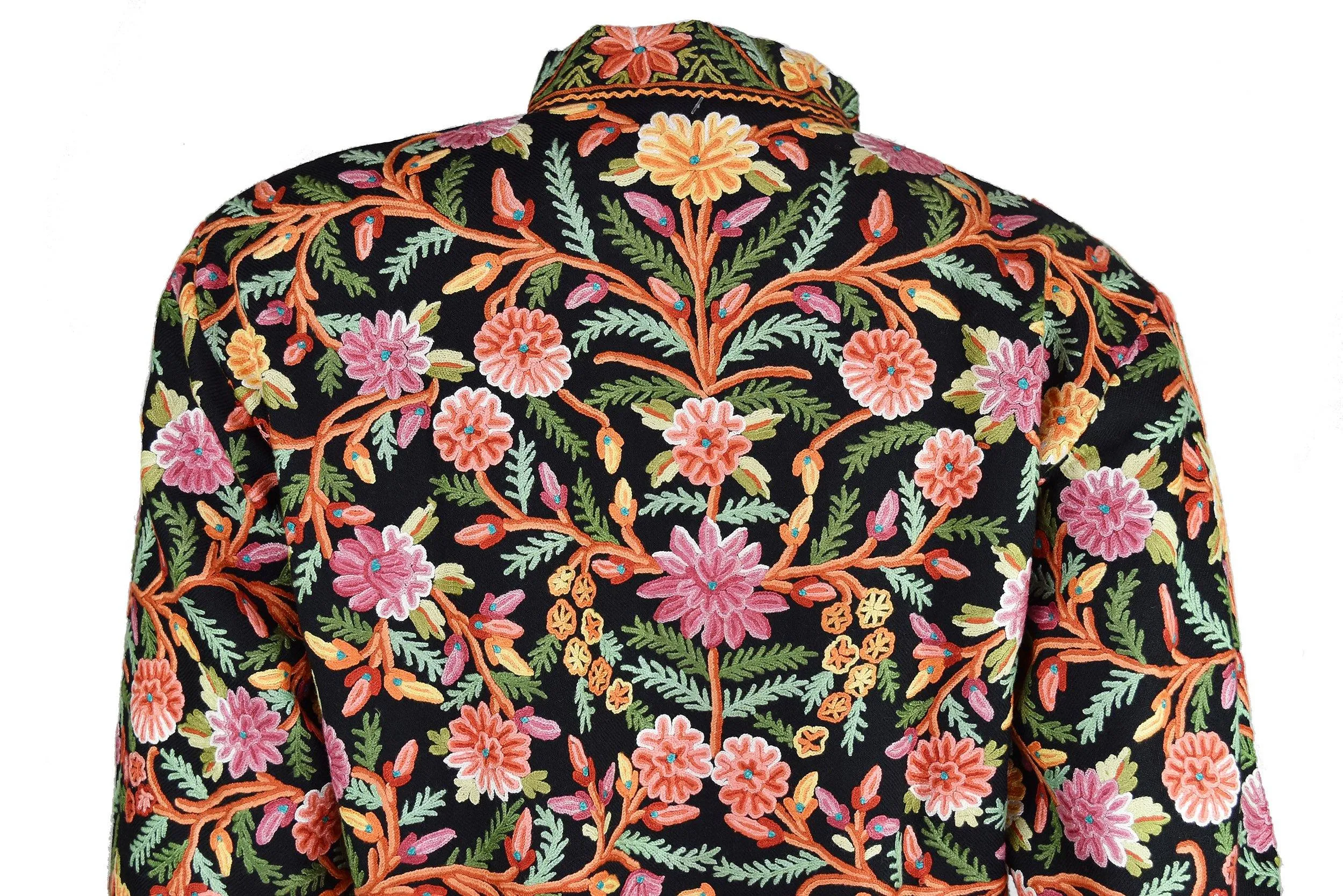 Black Floral Cashmere Jacket Dinner Black Evening Dress Coat Hand Embroidered Kashmir
