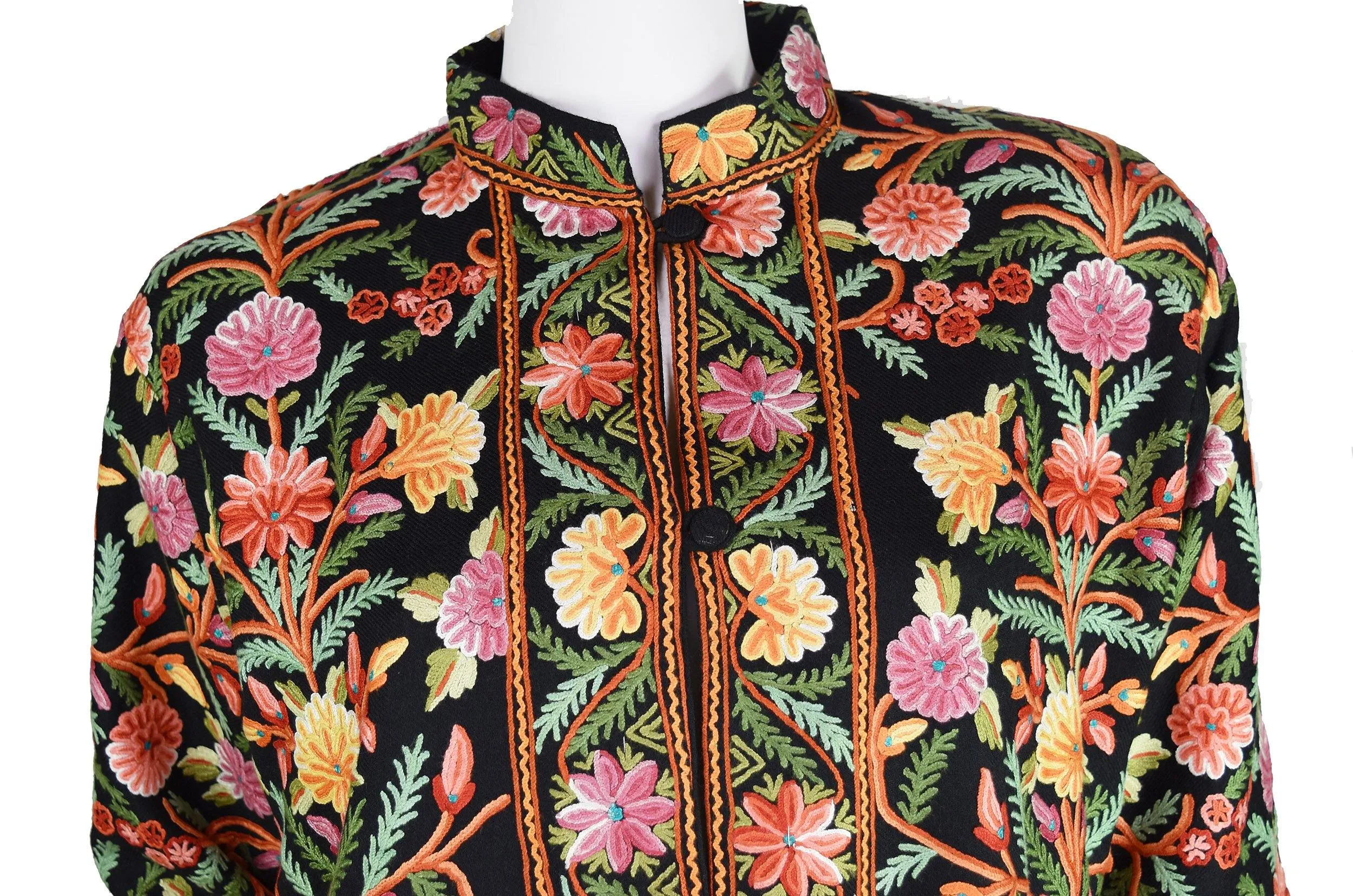 Black Floral Cashmere Jacket Dinner Black Evening Dress Coat Hand Embroidered Kashmir