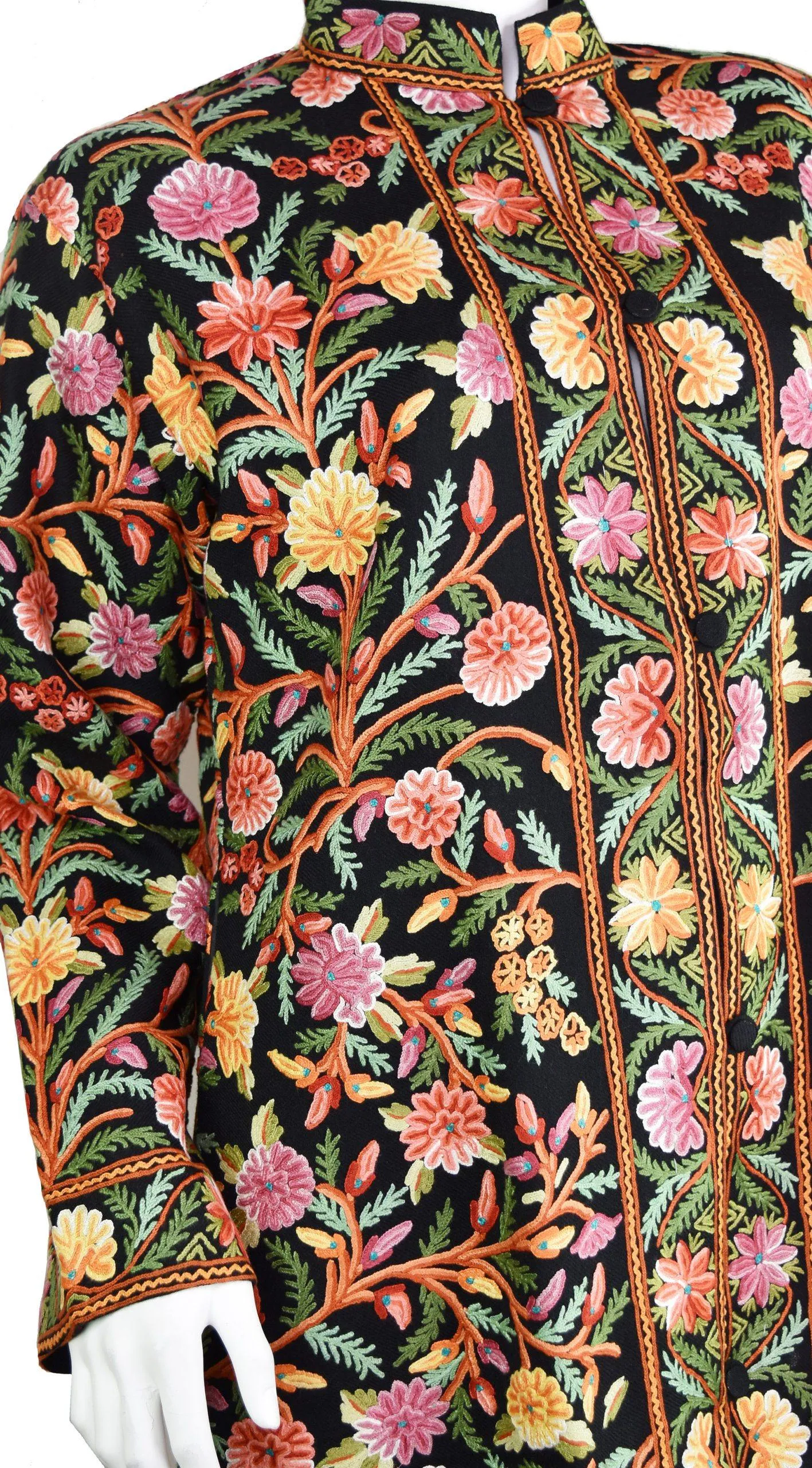 Black Floral Cashmere Jacket Dinner Black Evening Dress Coat Hand Embroidered Kashmir