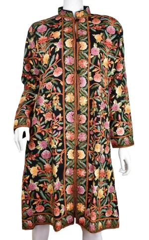 Black Floral Cashmere Jacket Dinner Black Evening Dress Coat Hand Embroidered Kashmir