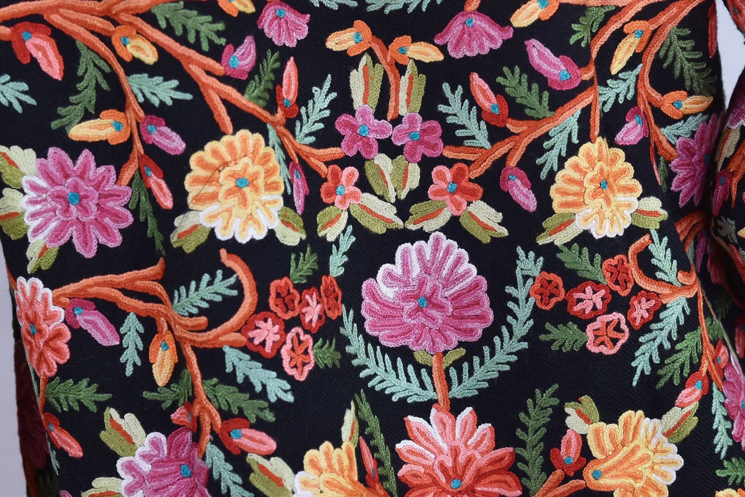 Black Floral Cashmere Jacket Dinner Black Evening Dress Coat Hand Embroidered Kashmir