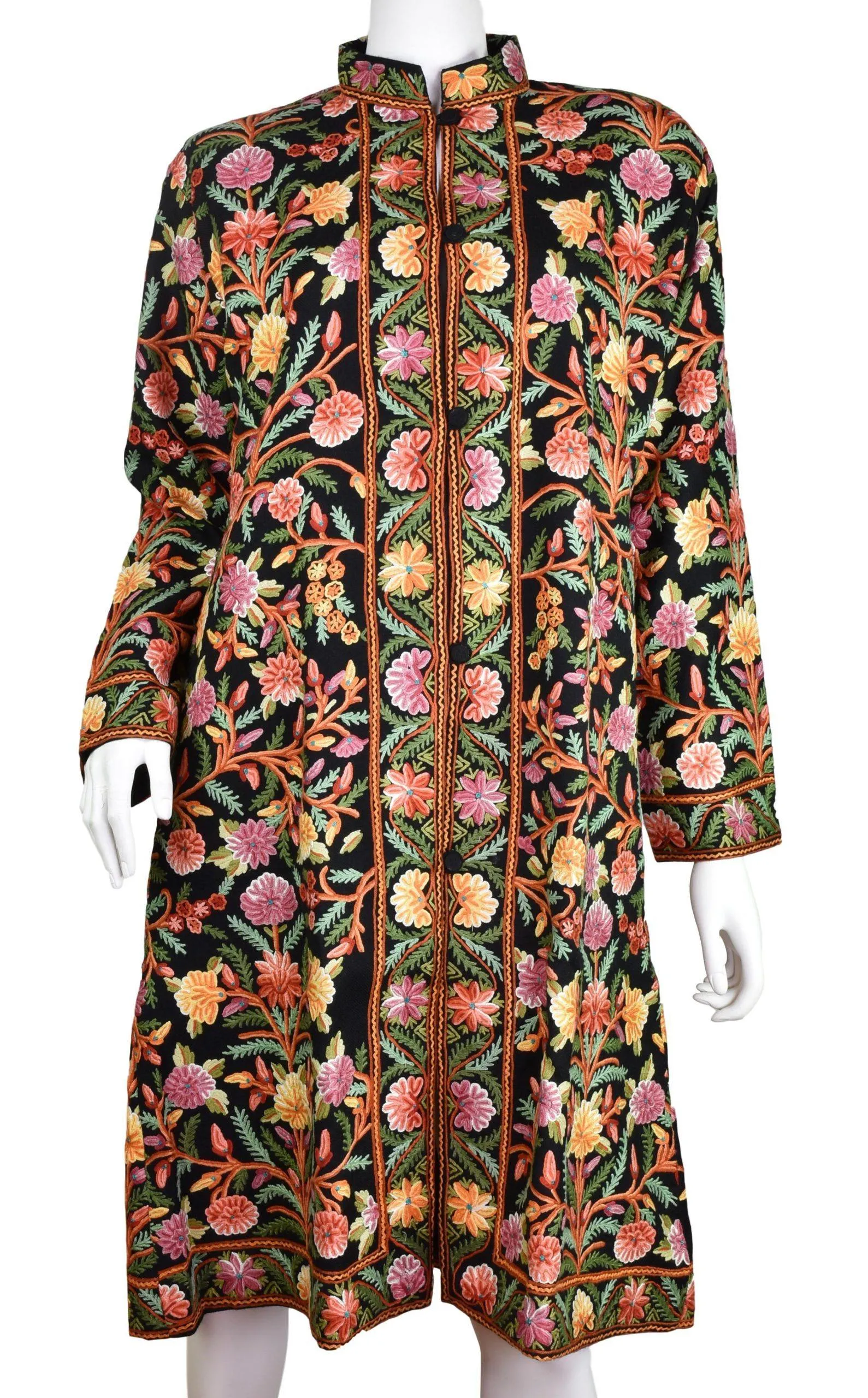 Black Floral Cashmere Jacket Dinner Black Evening Dress Coat Hand Embroidered Kashmir