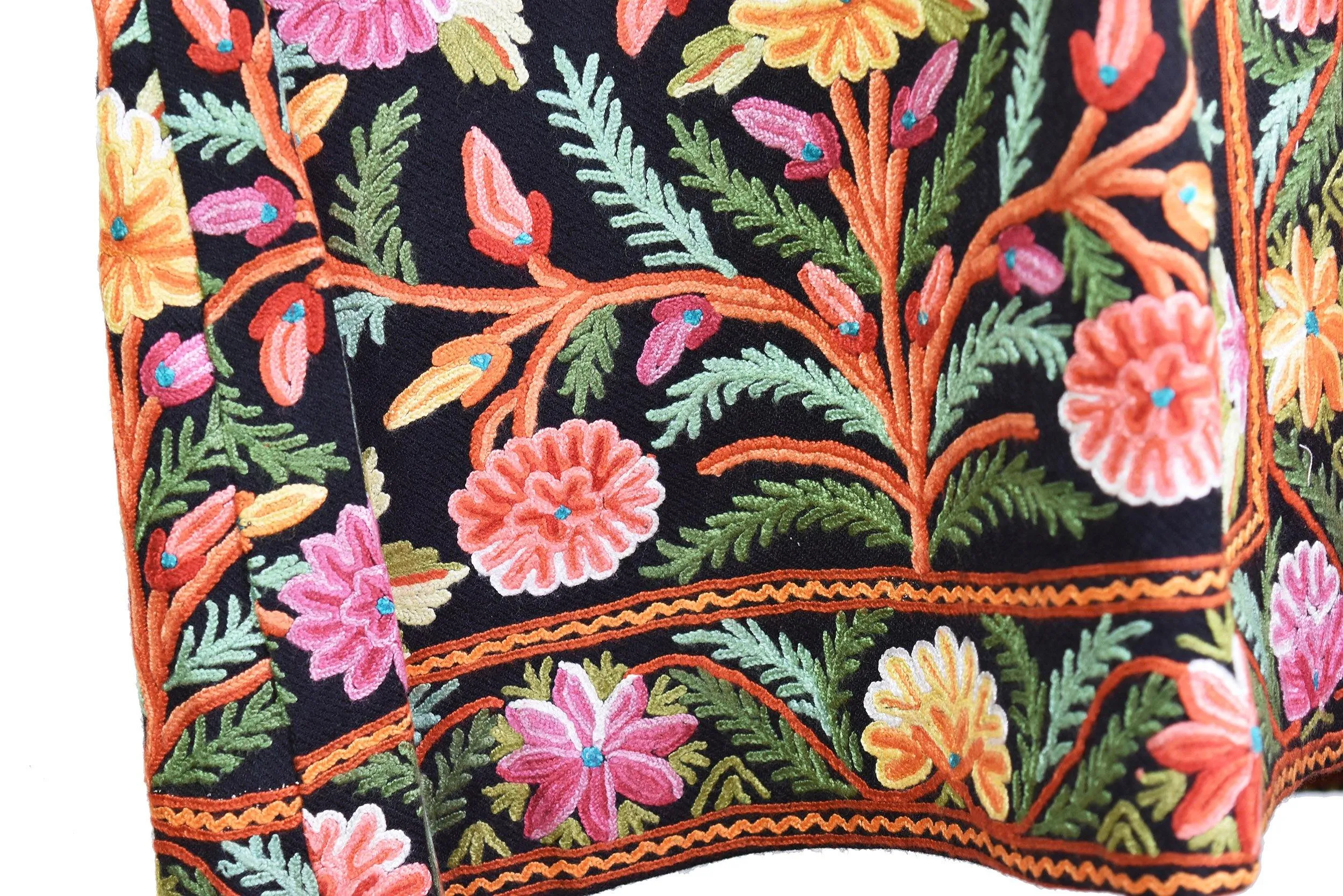 Black Floral Cashmere Jacket Dinner Black Evening Dress Coat Hand Embroidered Kashmir