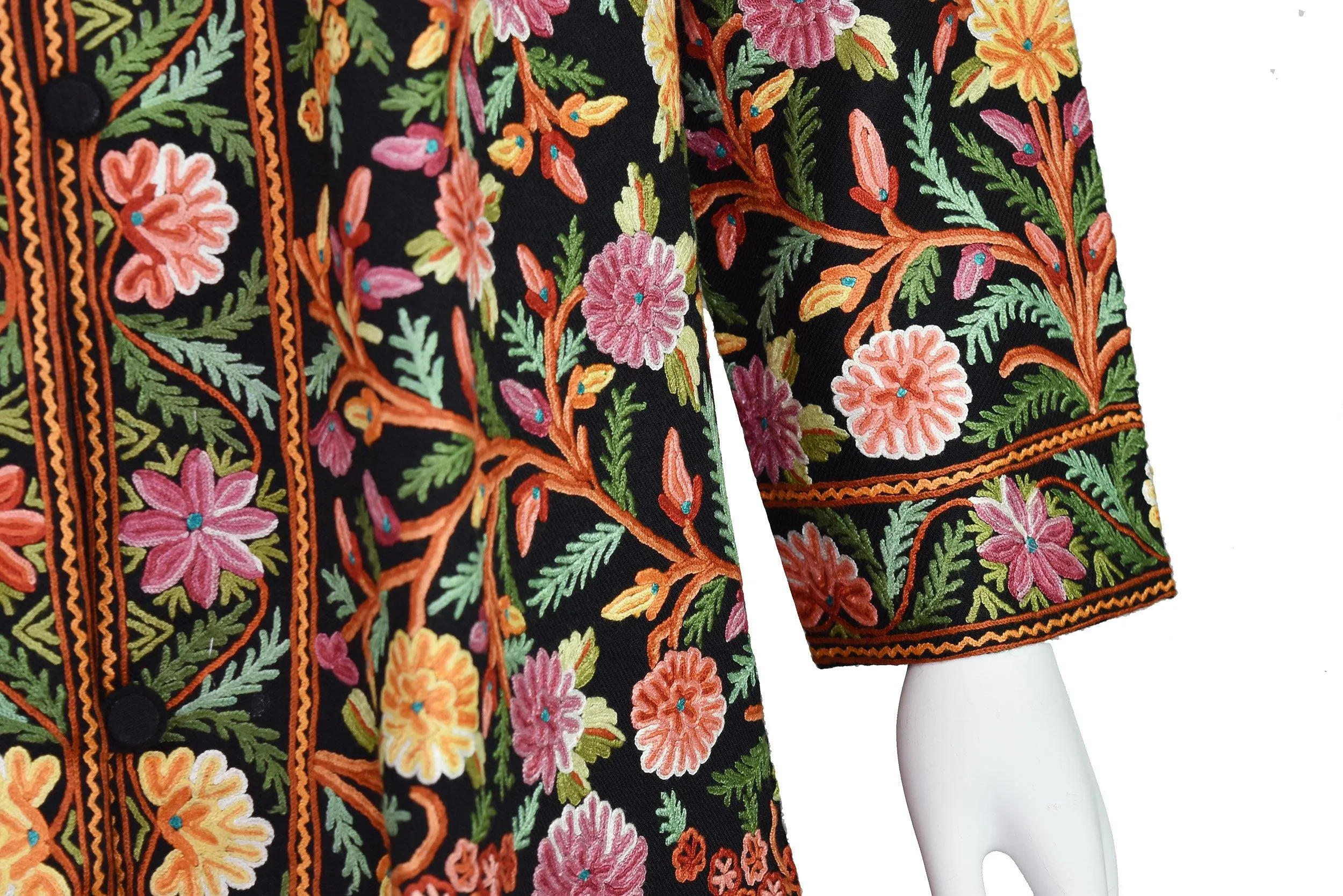 Black Floral Cashmere Jacket Dinner Black Evening Dress Coat Hand Embroidered Kashmir
