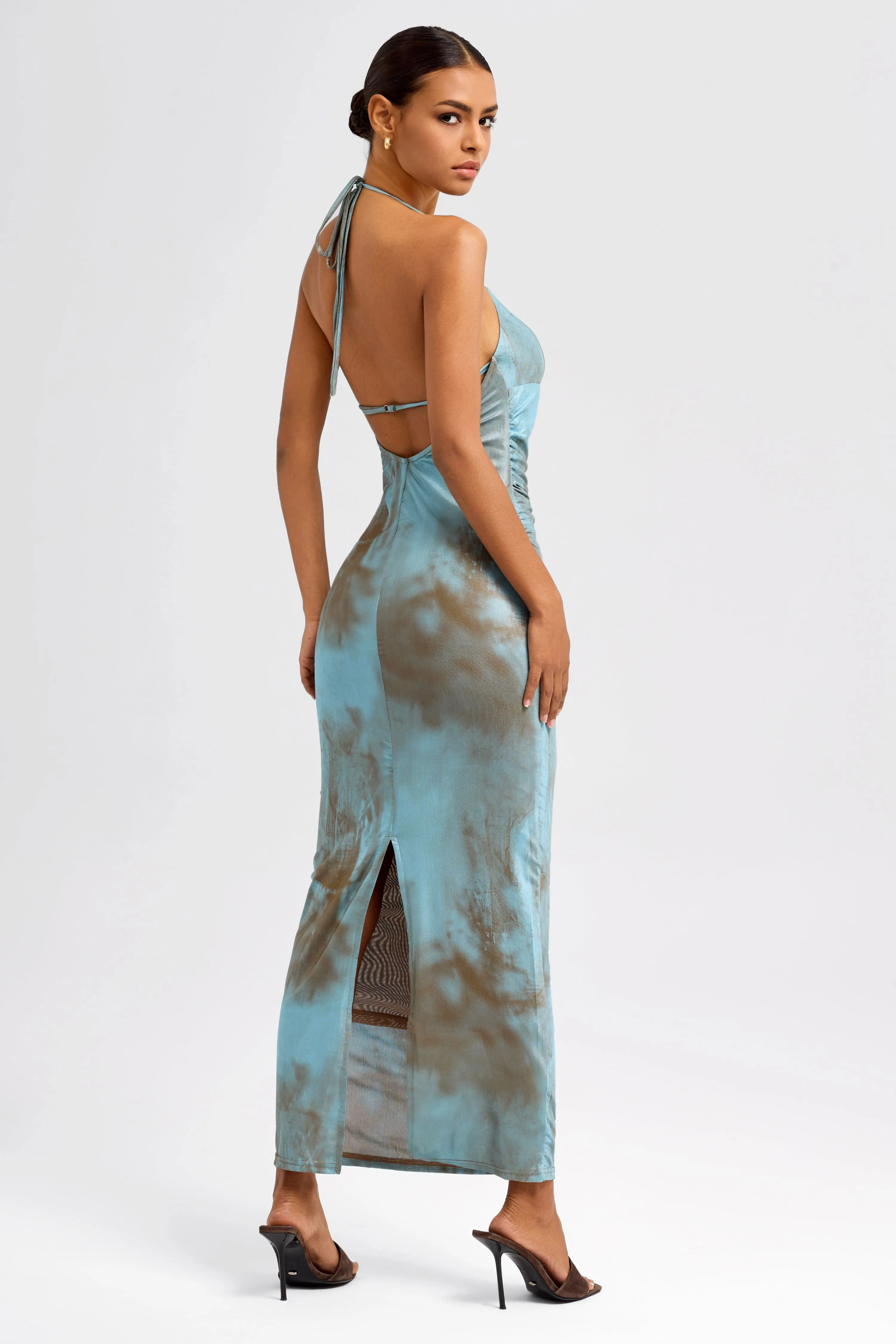 Blue-Bronzed Mesh Tie Dye Maxi Dress