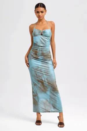 Blue-Bronzed Mesh Tie Dye Maxi Dress