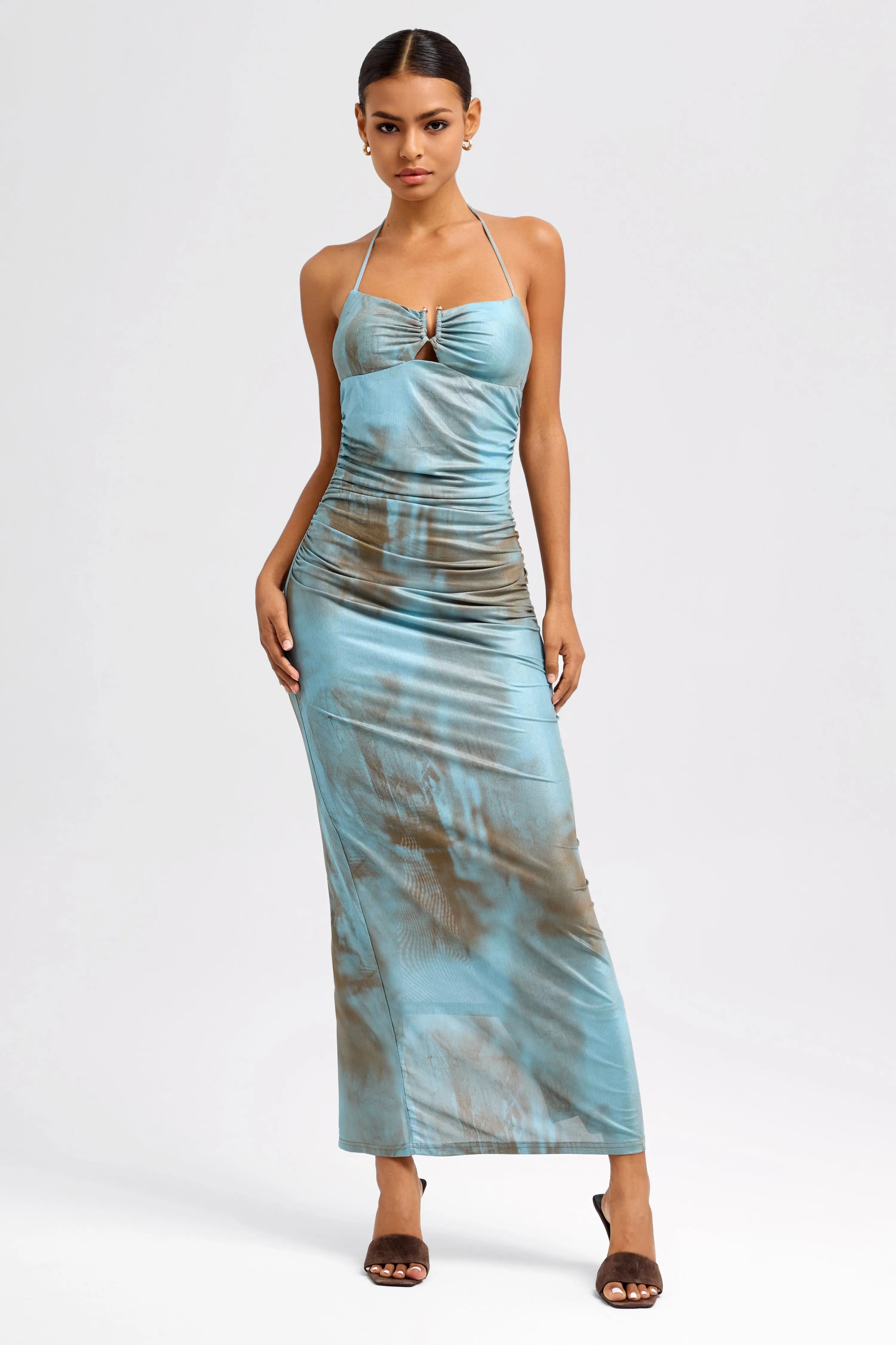 Blue-Bronzed Mesh Tie Dye Maxi Dress