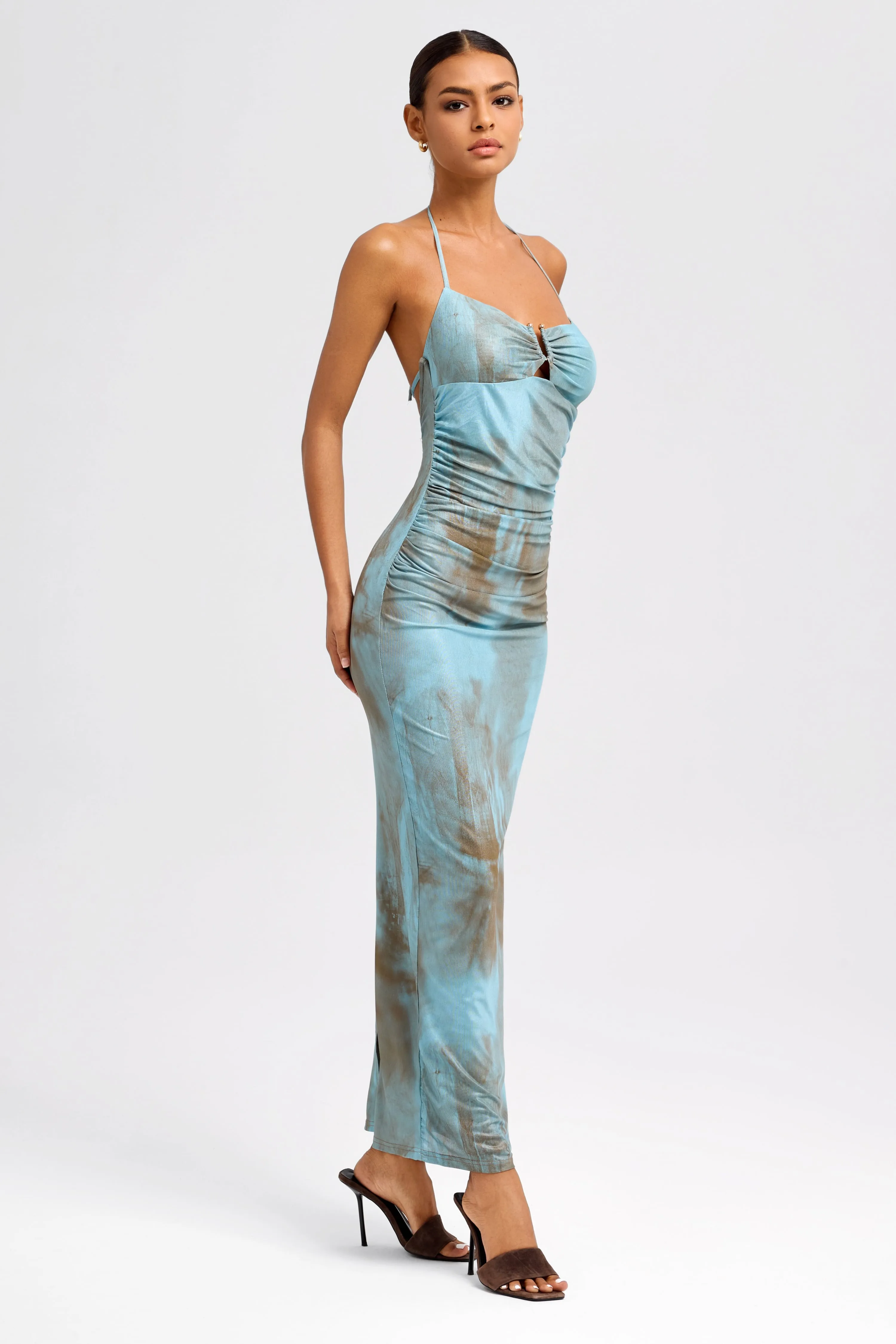 Blue-Bronzed Mesh Tie Dye Maxi Dress