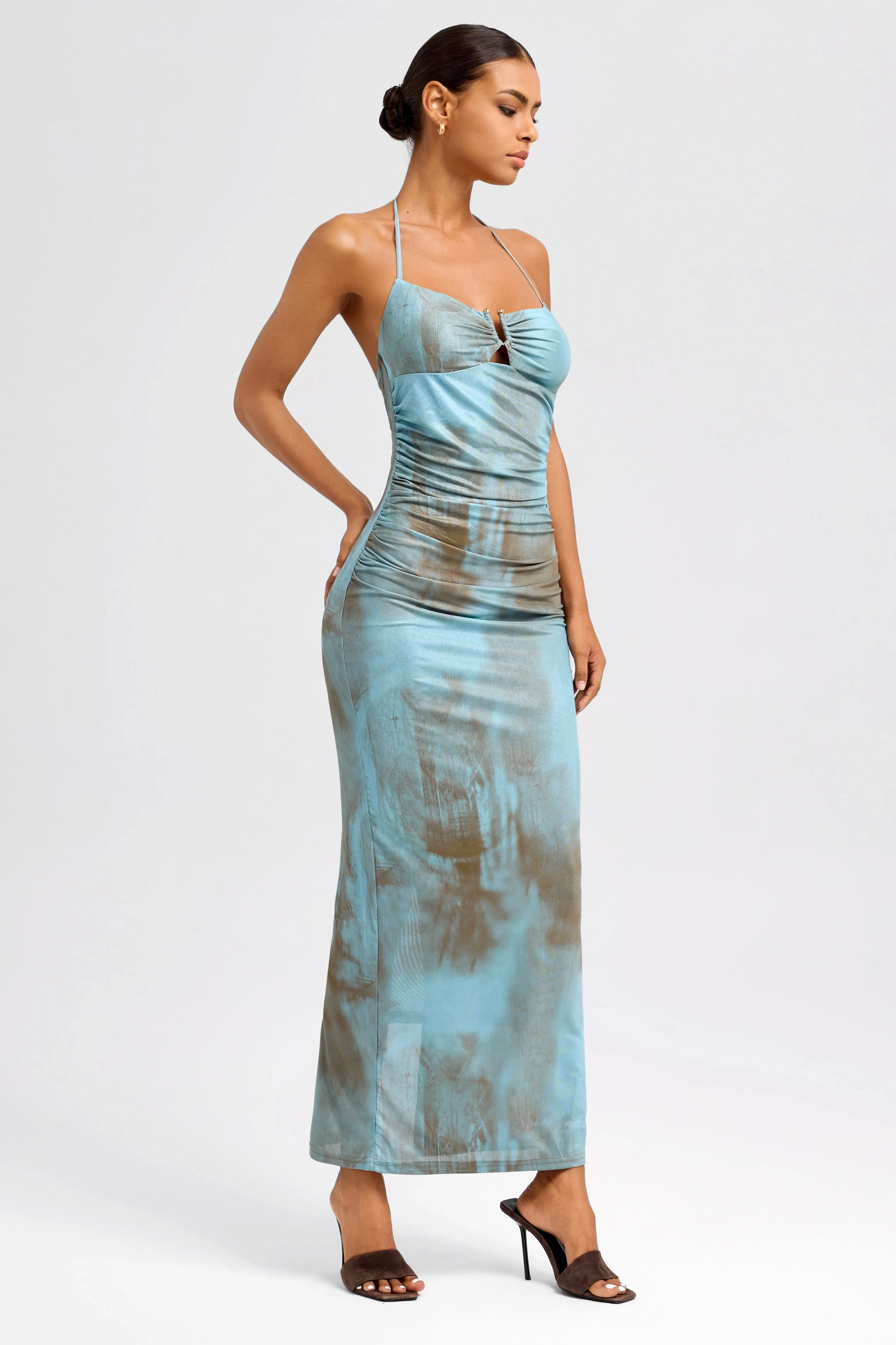 Blue-Bronzed Mesh Tie Dye Maxi Dress