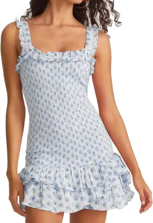 Blue Floral Print Dress Mini Smocked Dress Square Neck Slip Dress for Women High Waist Bodycon Dress Elastic Peplum Dress
