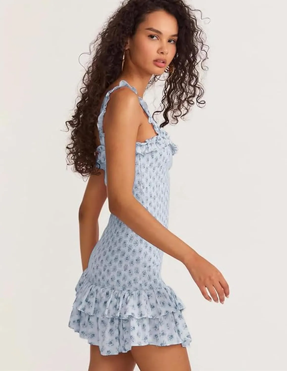 Blue Floral Print Dress Mini Smocked Dress Square Neck Slip Dress for Women High Waist Bodycon Dress Elastic Peplum Dress