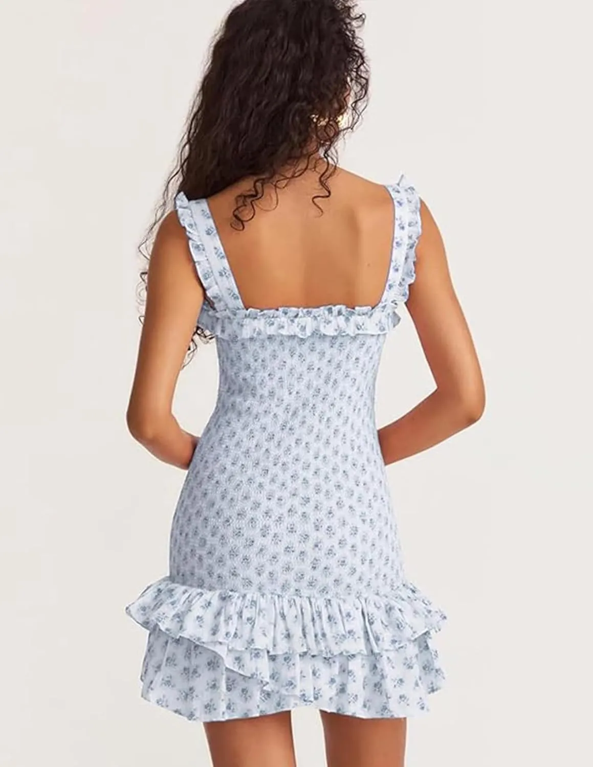 Blue Floral Print Dress Mini Smocked Dress Square Neck Slip Dress for Women High Waist Bodycon Dress Elastic Peplum Dress